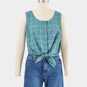 Vintage 90s Green Plaid Sleeveless Cotton Tie Waist Cropped Shirt Tank Top M L